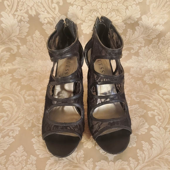 Black Lace Guess Cut Out Zip Heel Peep Toe Sandals Pumps - Picture 8 of 12